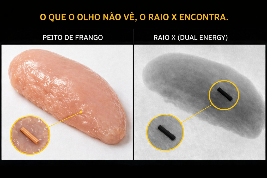 O que o olho não vê, o raio-X Dual Energy encontra — comparativo peito de frango